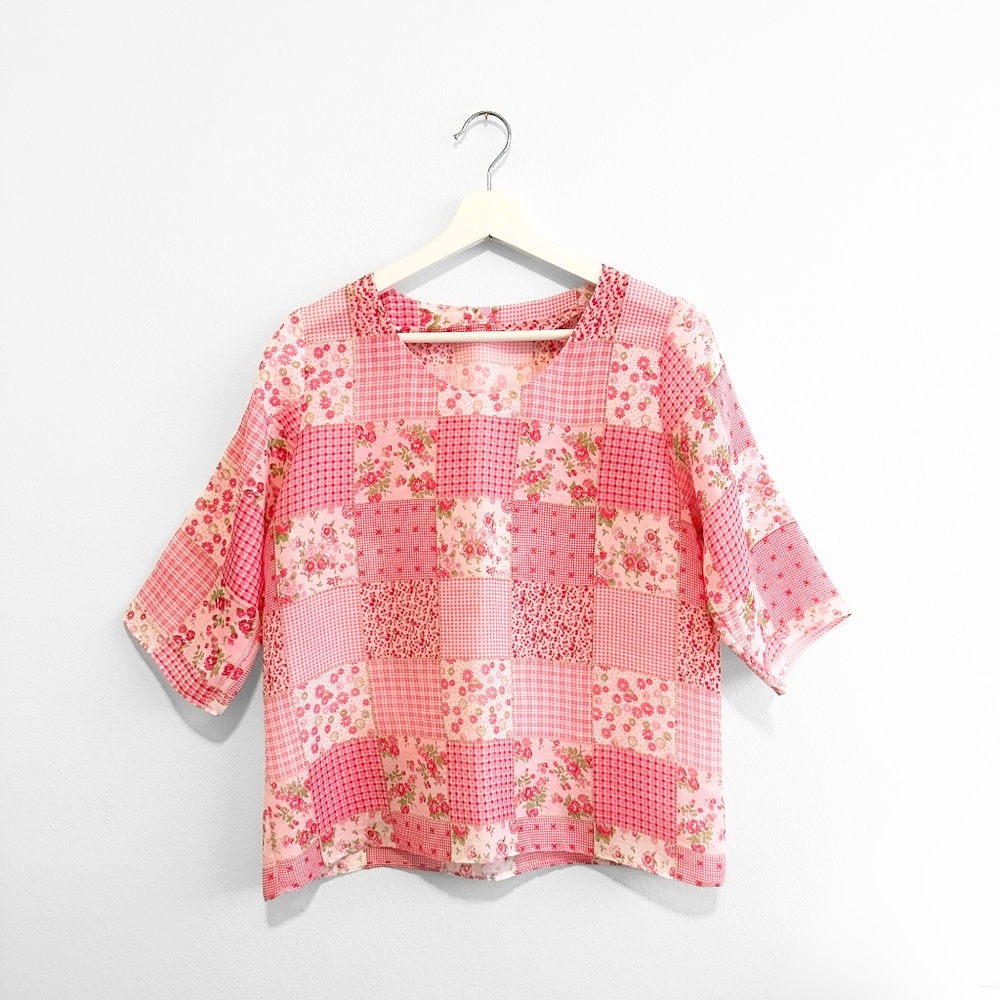 Handmade Pretty Women's Blouse Mid Sleeve Spring Patchwork Floral Gingham Large